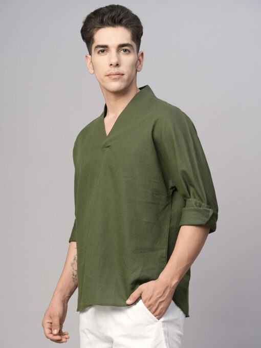 Men's Olive Cotton Linen Regular Fit Shirt - Image 3