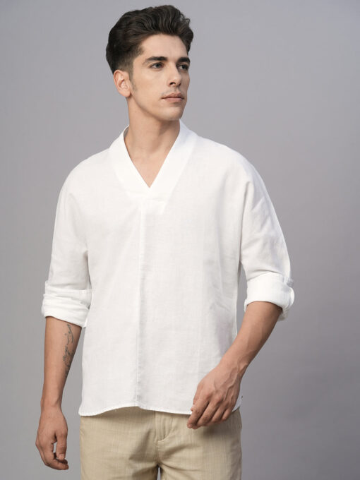 Men's White Cotton Linen Regular Fit Shirt - Image 2