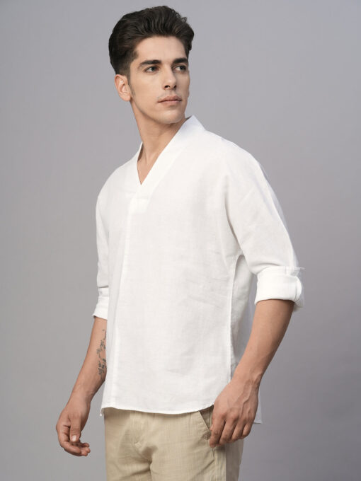 Men's White Cotton Linen Regular Fit Shirt - Image 3