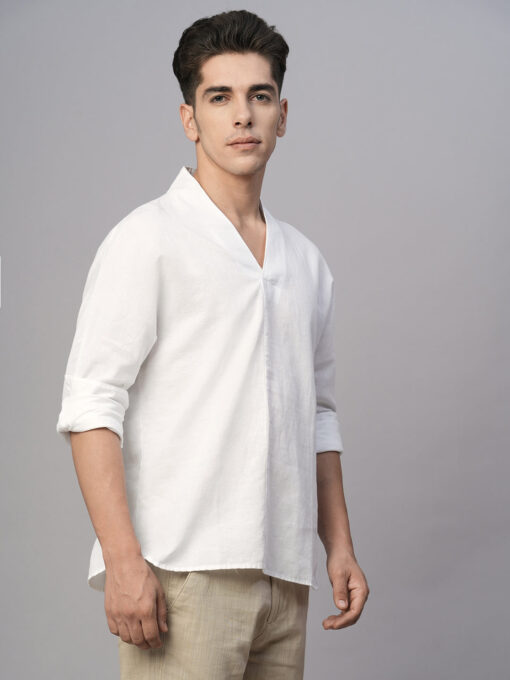 Men's White Cotton Linen Regular Fit Shirt - Image 4