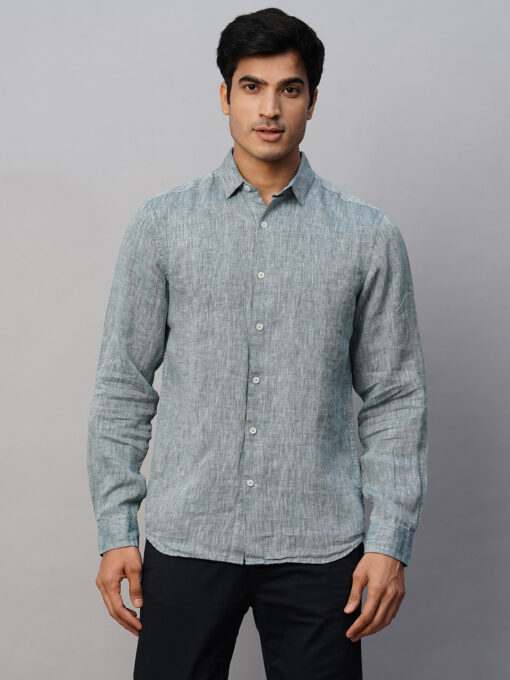 Men's Green 100% Linen Slim Fit Long Sleeved Shirt - Image 2