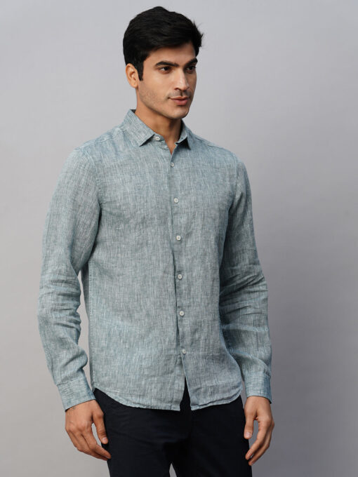 Men's Green 100% Linen Slim Fit Long Sleeved Shirt - Image 4