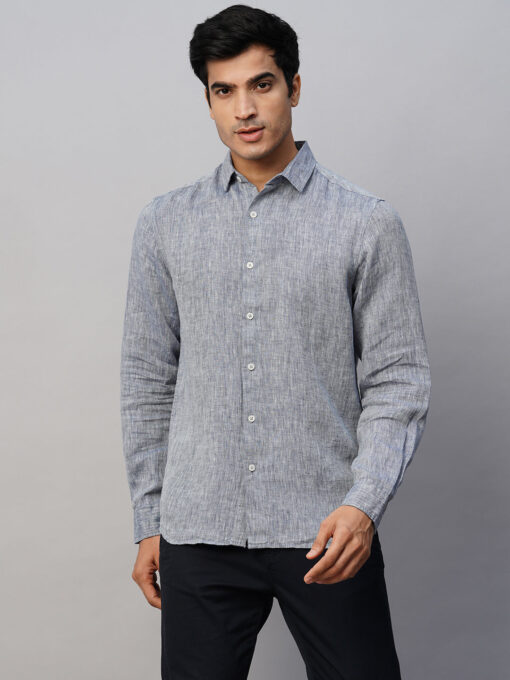 Men's Navy 100% Linen Slim Fit Long Sleeved Shirt - Image 2