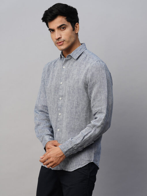 Men's Navy 100% Linen Slim Fit Long Sleeved Shirt - Image 3