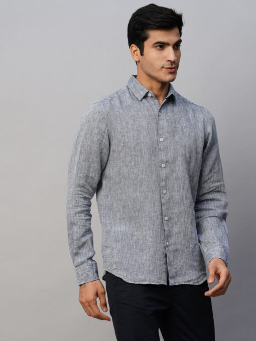 Men's Navy 100% Linen Slim Fit Long Sleeved Shirt - Image 4