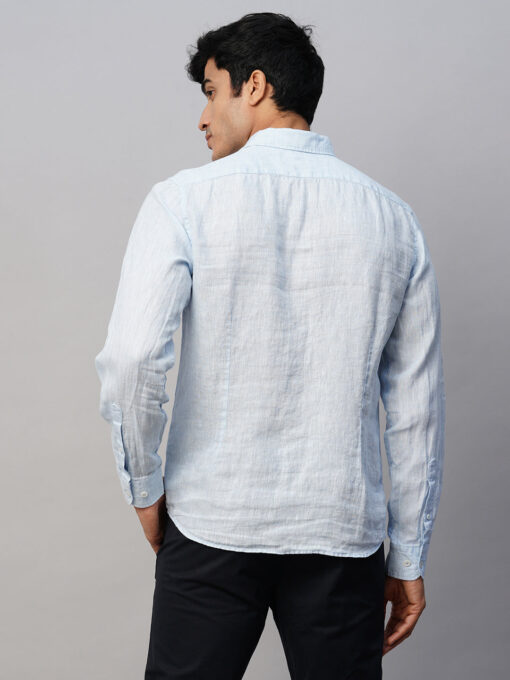 Men's Sky Blue 100% Linen Slim Fit Long Sleeved Shirt - Image 5