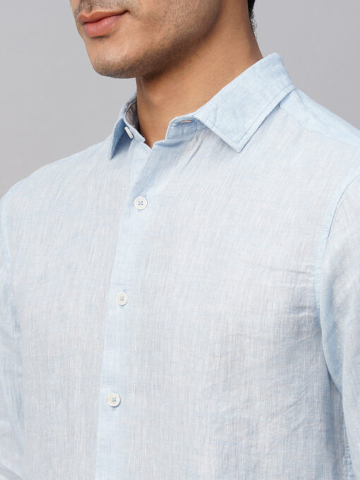 Men's Sky Blue 100% Linen Slim Fit Long Sleeved Shirt - Image 7