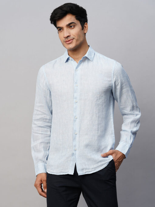 Men's Sky Blue 100% Linen Slim Fit Long Sleeved Shirt - Image 3