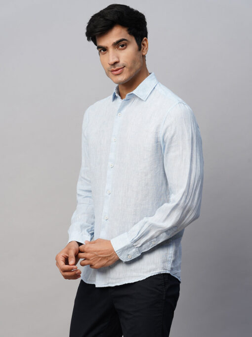 Men's Sky Blue 100% Linen Slim Fit Long Sleeved Shirt - Image 4