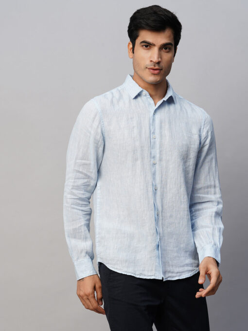 Men's Sky Blue 100% Linen Slim Fit Long Sleeved Shirt - Image 2