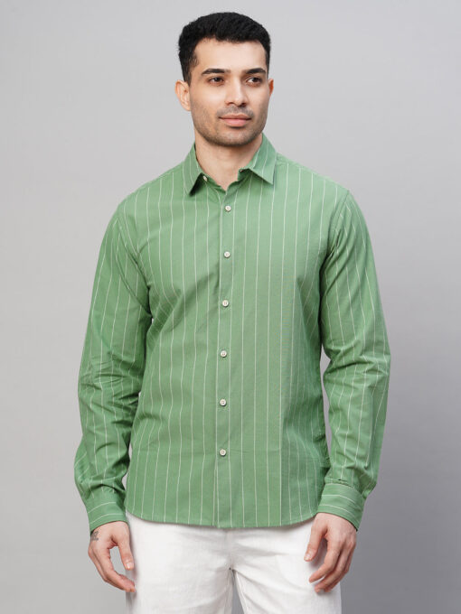 Men's Green Cotton Slim Fit Striped Shirt - Image 2