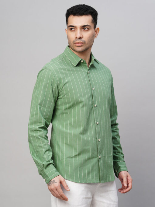 Men's Green Cotton Slim Fit Striped Shirt - Image 4