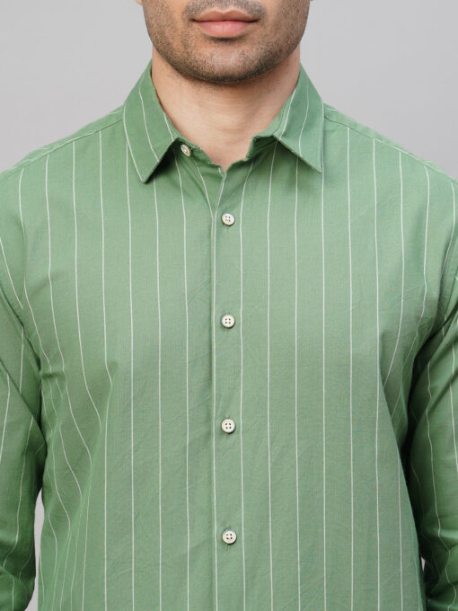 Men's Green Cotton Slim Fit Striped Shirt - Image 6