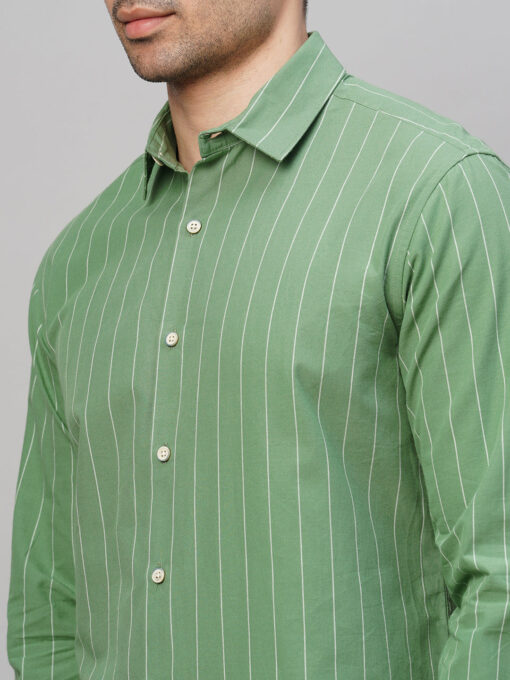 Men's Green Cotton Slim Fit Striped Shirt - Image 7