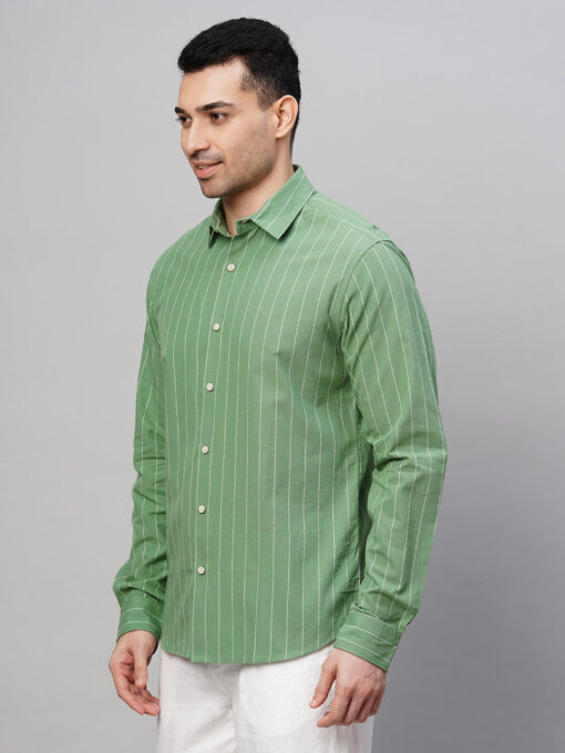 Men's Green Cotton Slim Fit Striped Shirt - Image 3