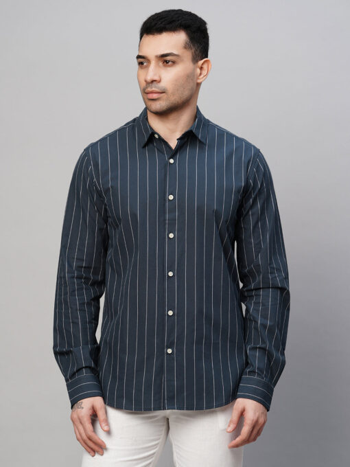 Men's Navy Cotton Slim Fit Striped Shirt - Image 2