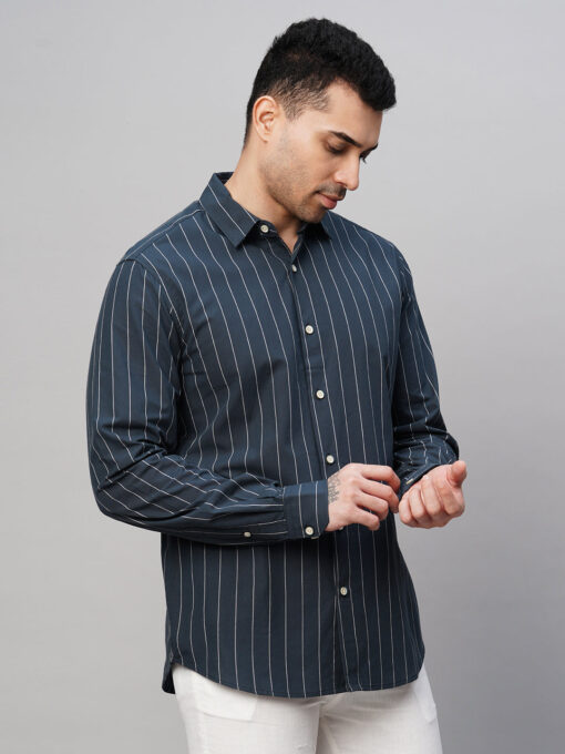 Men's Navy Cotton Slim Fit Striped Shirt - Image 4