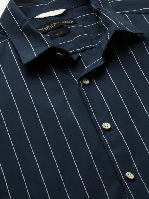 Men's Navy Cotton Slim Fit Striped Shirt - Image 8