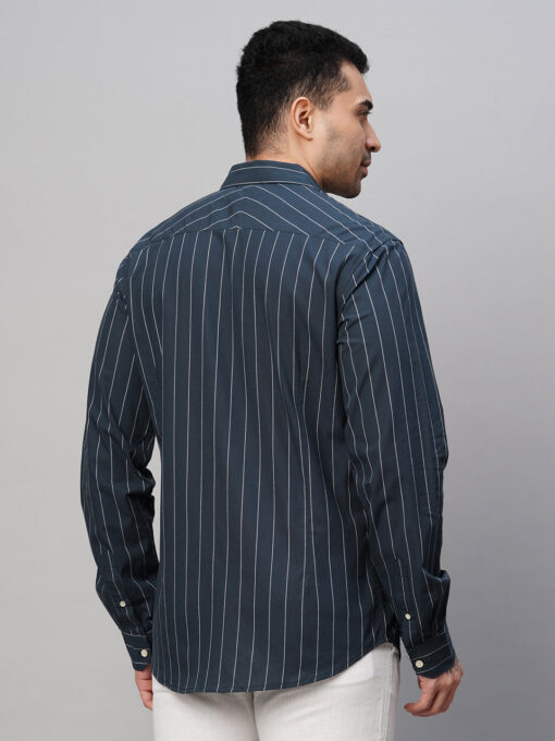 Men's Navy Cotton Slim Fit Striped Shirt - Image 5