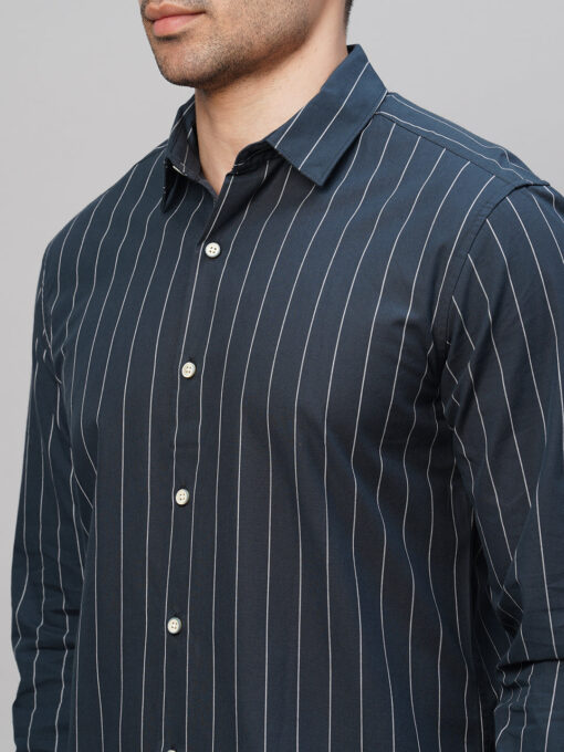 Men's Navy Cotton Slim Fit Striped Shirt - Image 7