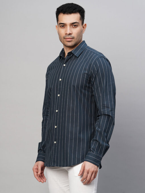 Men's Navy Cotton Slim Fit Striped Shirt - Image 3