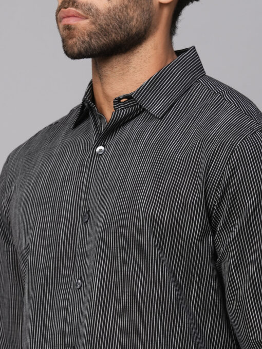 Men's Black/White Cotton Slim Fit Striped Shirt - Image 9