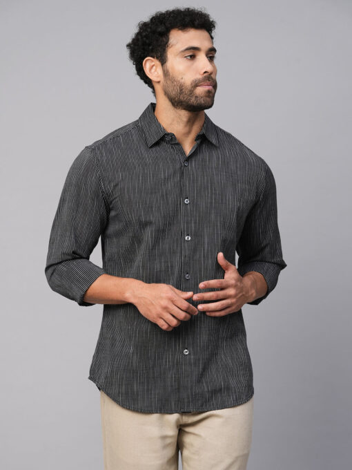 Men's Black/White Cotton Slim Fit Striped Shirt - Image 2