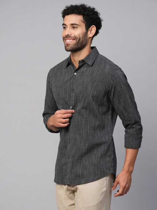 Men's Black/White Cotton Slim Fit Striped Shirt - Image 3