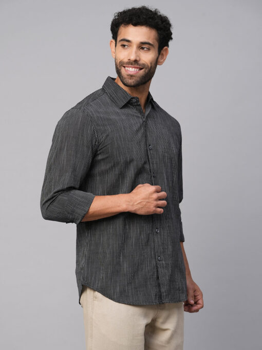 Men's Black/White Cotton Slim Fit Striped Shirt - Image 4