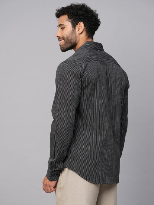 Men's Black/White Cotton Slim Fit Striped Shirt - Image 7