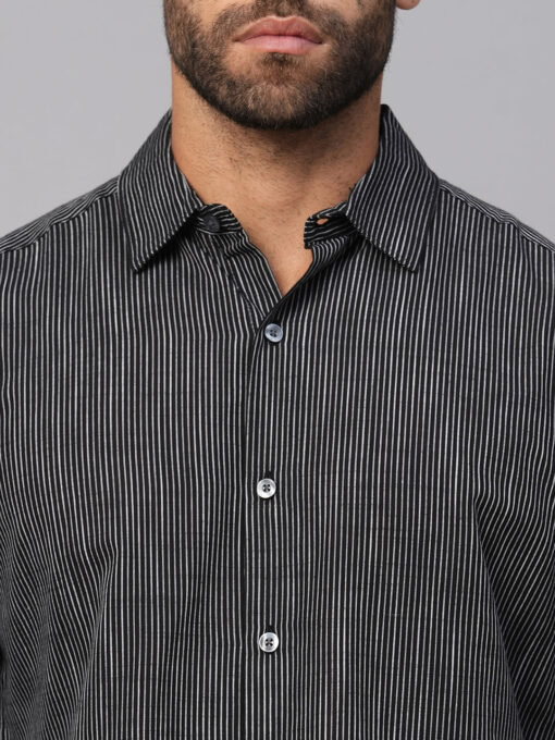 Men's Black/White Cotton Slim Fit Striped Shirt - Image 8