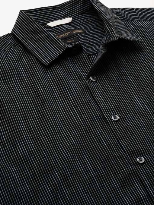 Men's Navy/White Cotton Slim Fit Striped Shirt - Image 5