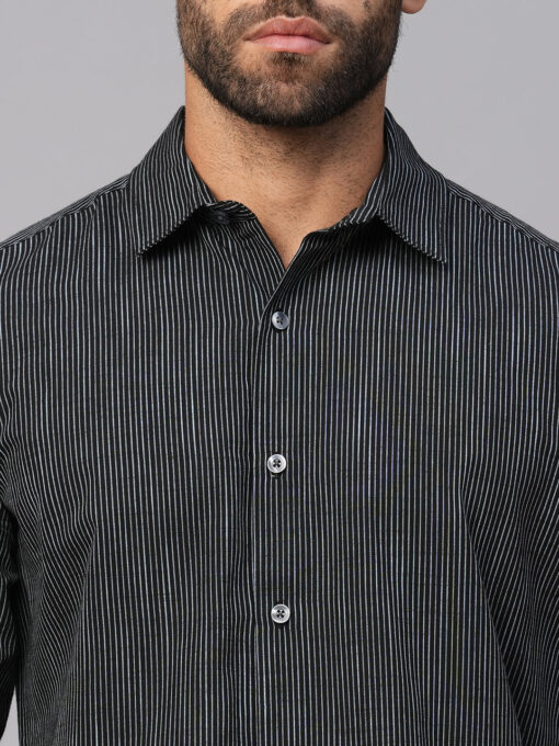 Men's Navy/White Cotton Slim Fit Striped Shirt - Image 7