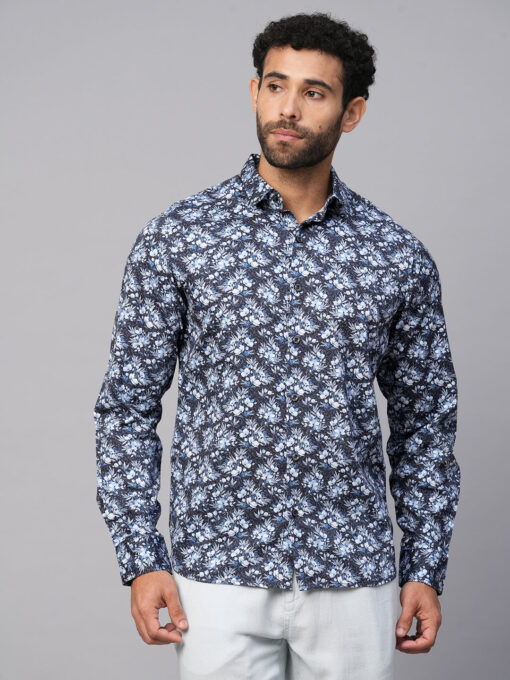 Men's Navy Cotton Slim Fit Printed Shirt - Image 2