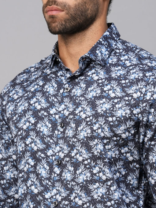 Men's Navy Cotton Slim Fit Printed Shirt - Image 8