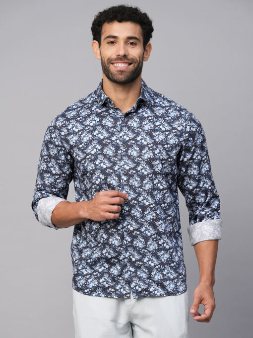 Men's Navy Cotton Slim Fit Printed Shirt - Image 3