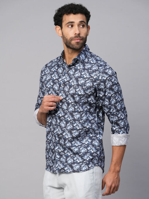 Men's Navy Cotton Slim Fit Printed Shirt - Image 4