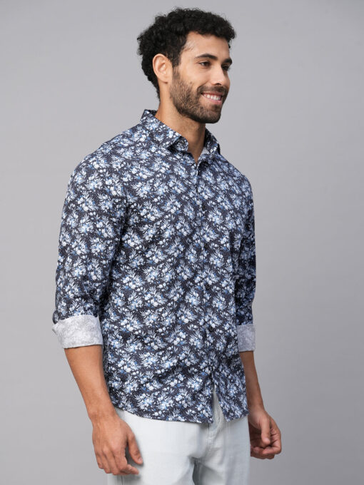 Men's Navy Cotton Slim Fit Printed Shirt - Image 5