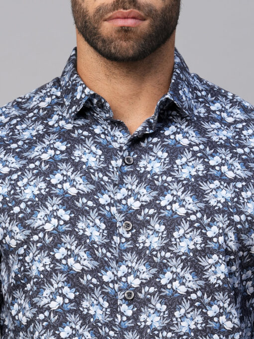 Men's Navy Cotton Slim Fit Printed Shirt - Image 7