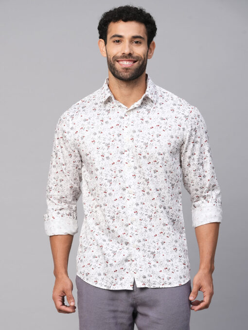 Men's White Cotton Slim Fit Printed Shirt - Image 2