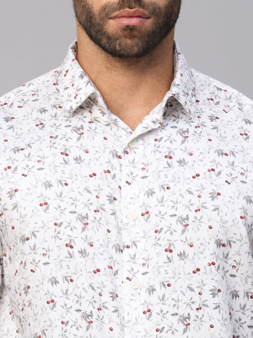 Men's White Cotton Slim Fit Printed Shirt - Image 6