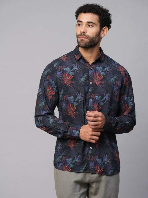 Men's Navy Viscose Slim Fit Printed Shirt - Image 2