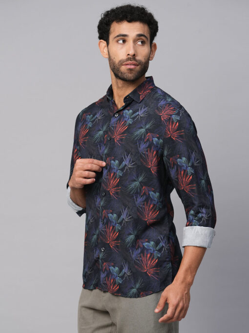 Men's Navy Viscose Slim Fit Printed Shirt - Image 3