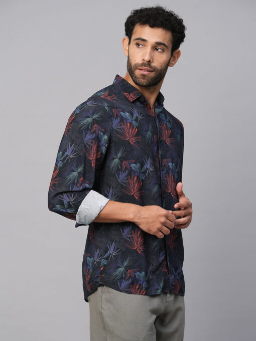 Men's Navy Viscose Slim Fit Printed Shirt - Image 4