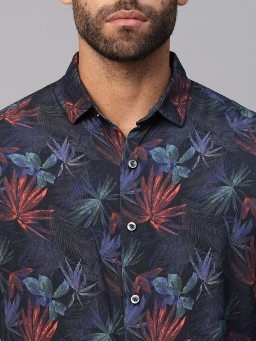 Men's Navy Viscose Slim Fit Printed Shirt - Image 6