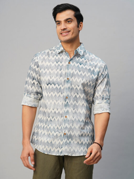 Men’s Cotton Batik Printed Slim Fit Navy Shirt - Image 3