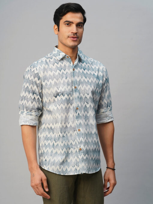 Men’s Cotton Batik Printed Slim Fit Navy Shirt - Image 5