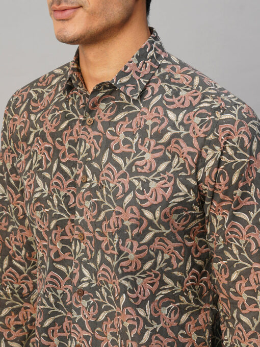 Men’s Cotton Hand Block Printed Slim Fit Grey Shirt - Image 7