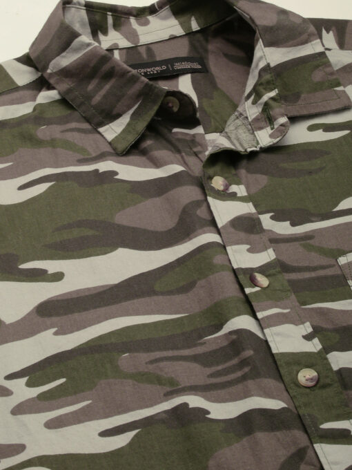 Men's Olive Cotton Camo Printed Regular Fit Short Sleeve Printed Shirt - Image 8