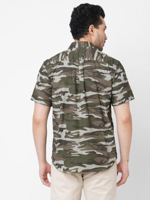 Men's Olive Cotton Camo Printed Regular Fit Short Sleeve Printed Shirt - Image 4